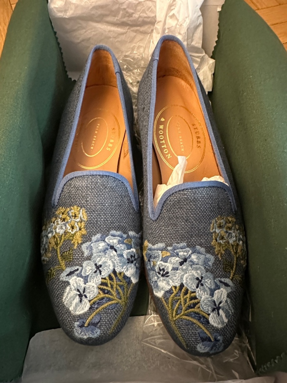 NWT Stubbs & Wootton Blue Linen Embroidered Hydrangea Limited Ed Slip-On Loafers